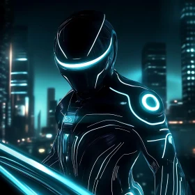 Neon Blue Cyber Suit in Night Cityscape