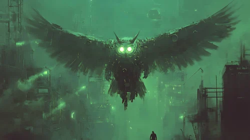 Giant Cybernetic Owl in Industrial Landscape