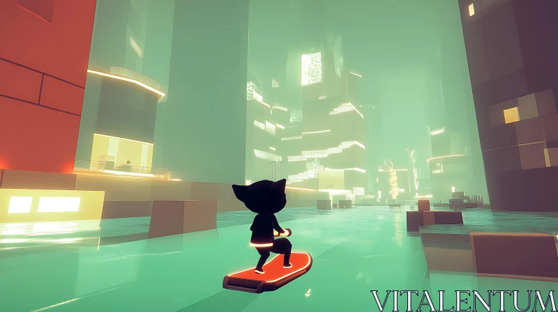 Ethereal City with Geometric Buildings and Skateboard Rider