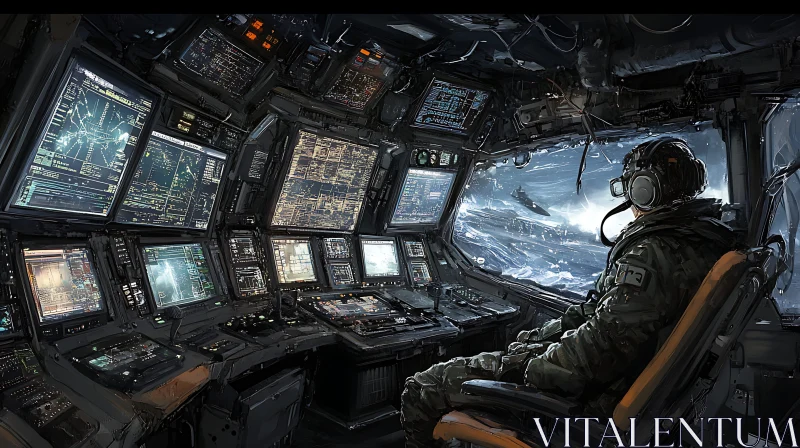 Pilot in High-Tech Command Center Overlooking Outer Space