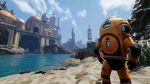 Futuristic Cyborg at a Waterside Industrial Complex