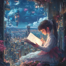 Girl Reading Amidst a Futuristic Urban Night Sky