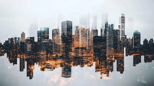 Mirrored City Skyline Under Misty Sky