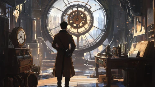 Man in Vintage Steampunk Workshop