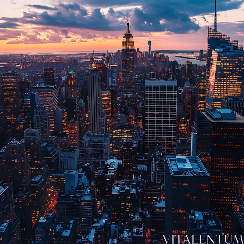 Sunset Over City Skyline with Bright Lights