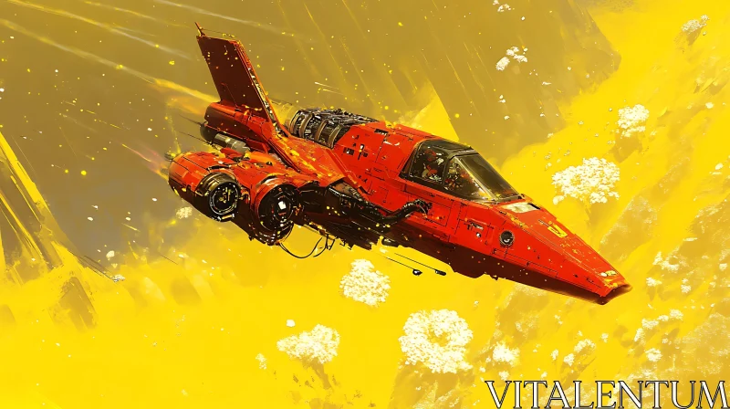 Futuristic Red Spaceship Flying