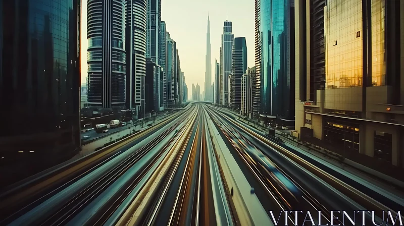 City Skyline with Dynamic Light Trails on Highway