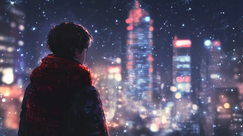 Person on Rooftop Staring at City Lights