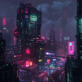 Futuristic Cyberpunk Urban Skyline with Neon Signs