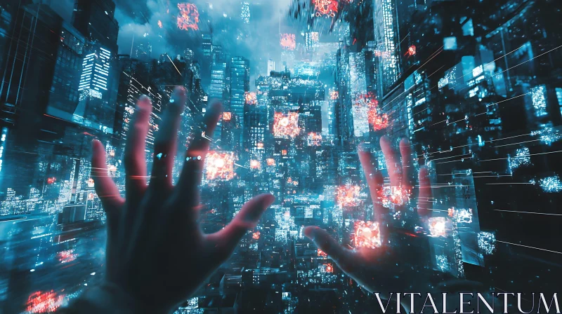 Virtual Reality Hands in Digital Cityscape