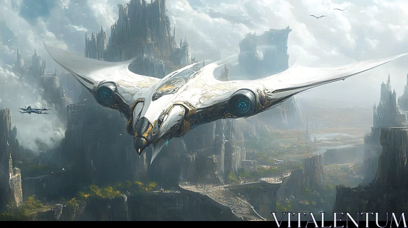 Futuristic Flying Vehicle Above Ancient Skyline AI Image