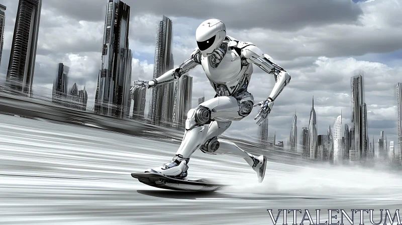 Advanced Robot Skateboarding in Futuristic Metropolis AI Image