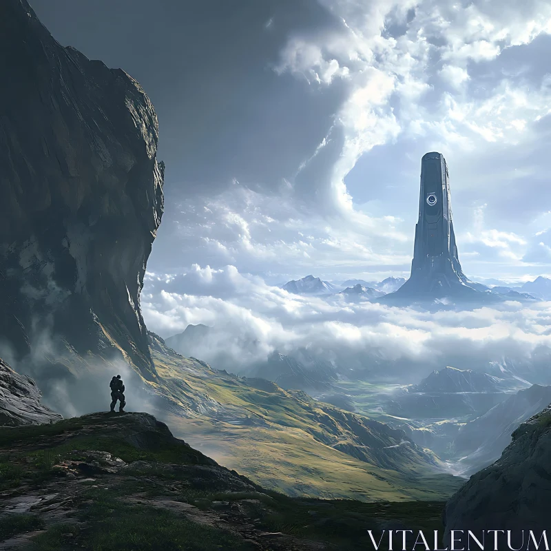 AI ART Futuristic Tower in a Cloud-Covered Valley