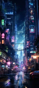 Urban Nightlife: Neon-Lit Skyscrapers and Wet Streets