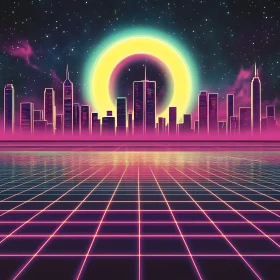 Futuristic Neon-lit City with Retro Grid and Halo Effect