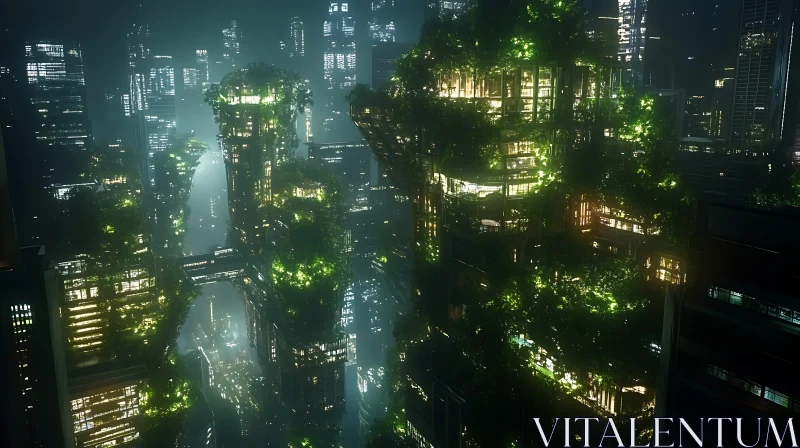 Lush Greenery Infused Futuristic City at Night AI Image