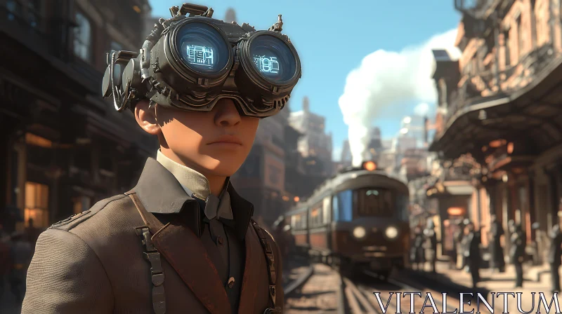 Steampunk Character at Historical Train Station AI Image