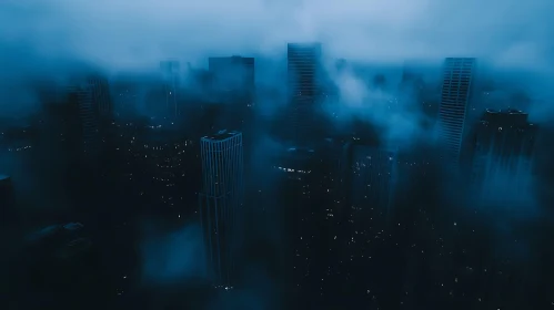 Urban Nightscape with Fog and Skyscraper Silhouettes