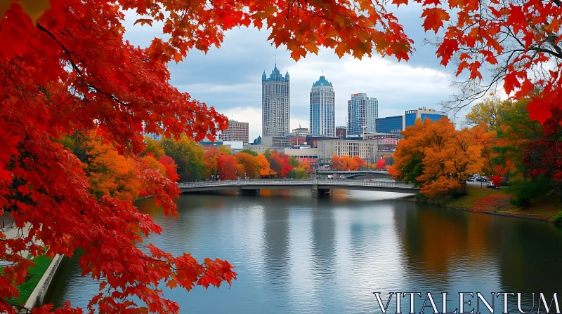 AI ART Urban Cityscape with Autumn River and Foliage