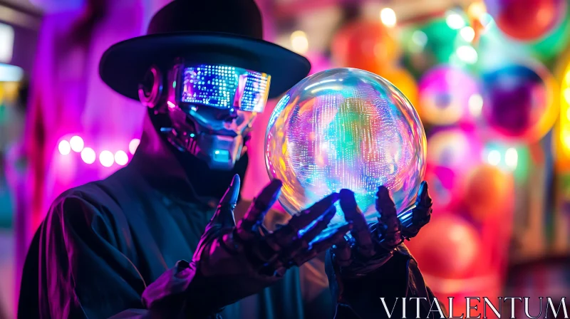 Neon-lit Cyborg Holding Crystal Ball AI Image