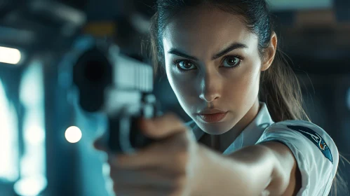 Intense Policewoman Aiming