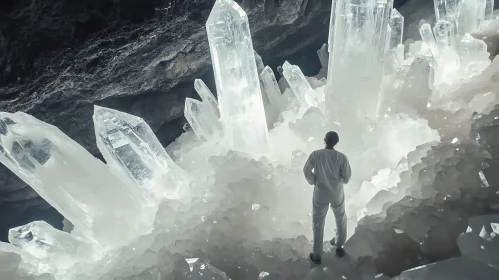 Person Amongst Giant Luminescent Quartz Crystals