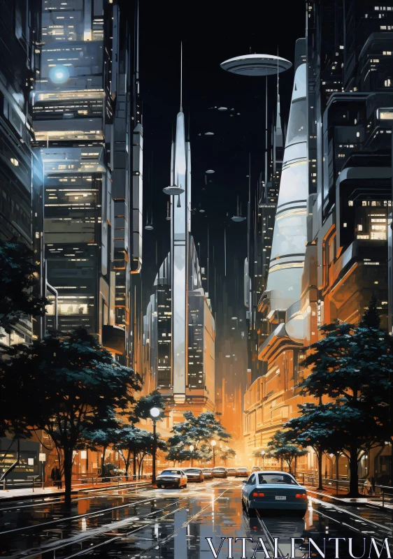 Nighttime in a Futuristic Urban Environment AI Image