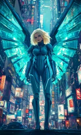 Cyborg Female in Neon-Lit Future City with Glowing Wings