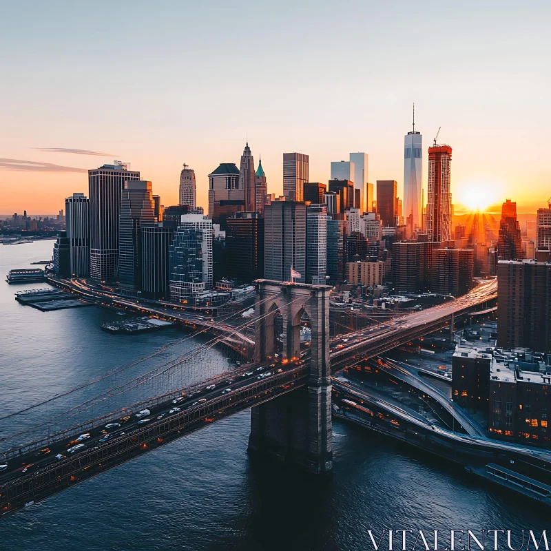 Sunset Over City with Bridge and Skyscrapers AI Image