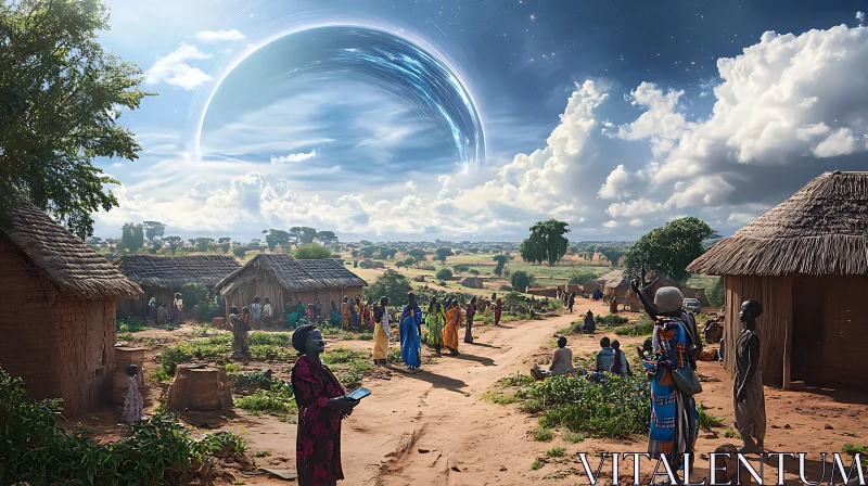 Village Life Amidst a Sci-Fi Sky AI Image