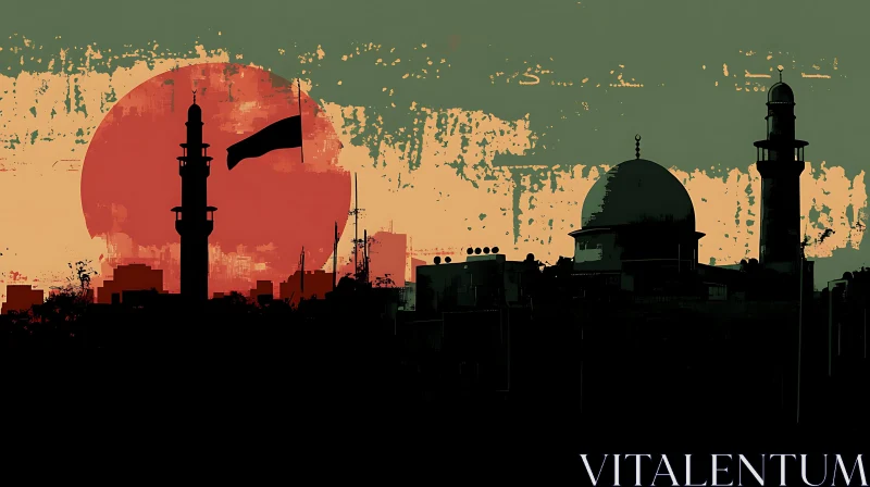 City Silhouettes at Sunset with Mosque and Flag AI Image