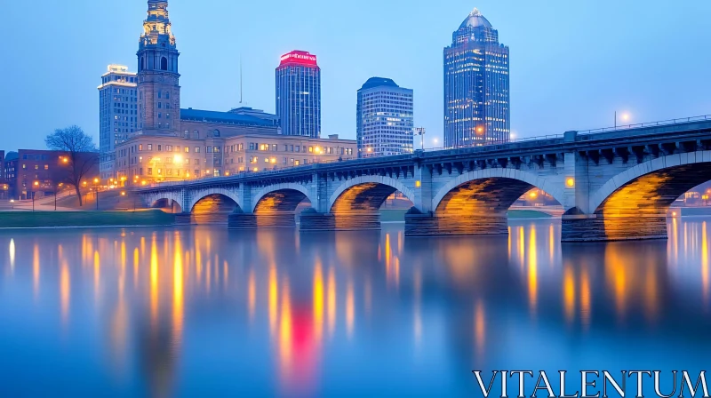 Twilight Urban Landscape with Reflections on River AI Image