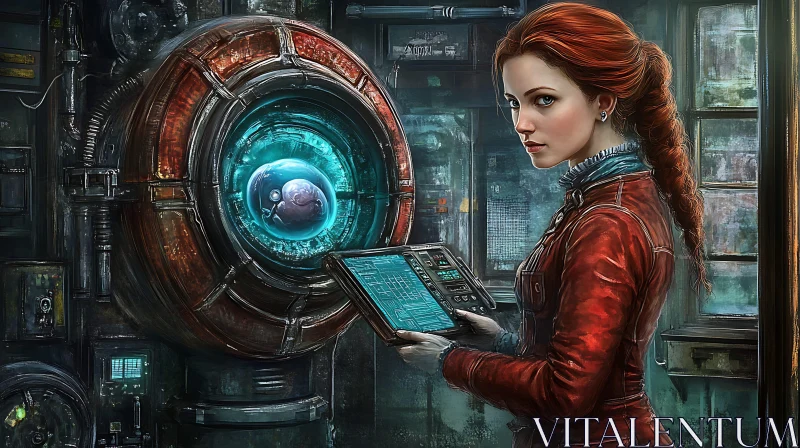 Red-Haired Woman in Cyberpunk Setting AI Image