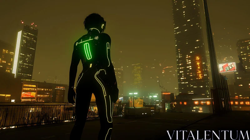 Neon-Suited Character in Cyberpunk City AI Image