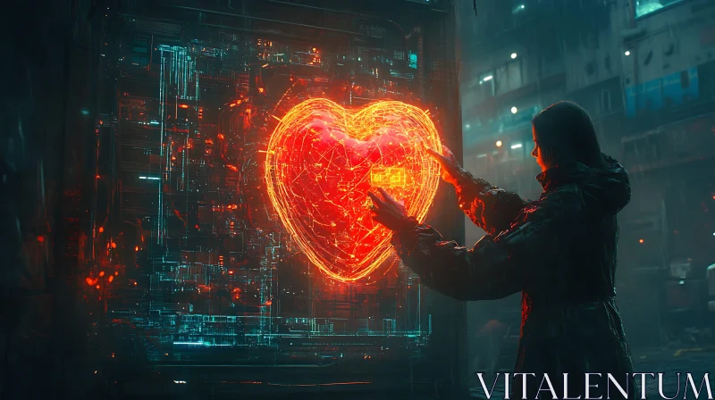 Cyberpunk Interaction with Neon Heart in Rain AI Image