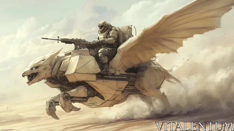 Sci-Fi Soldier Riding Robotic Winged Creature AI Image