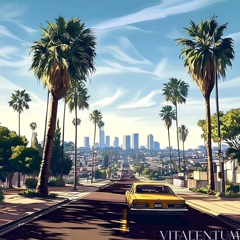 Cityscape with Yellow Car and Palm Trees AI Image