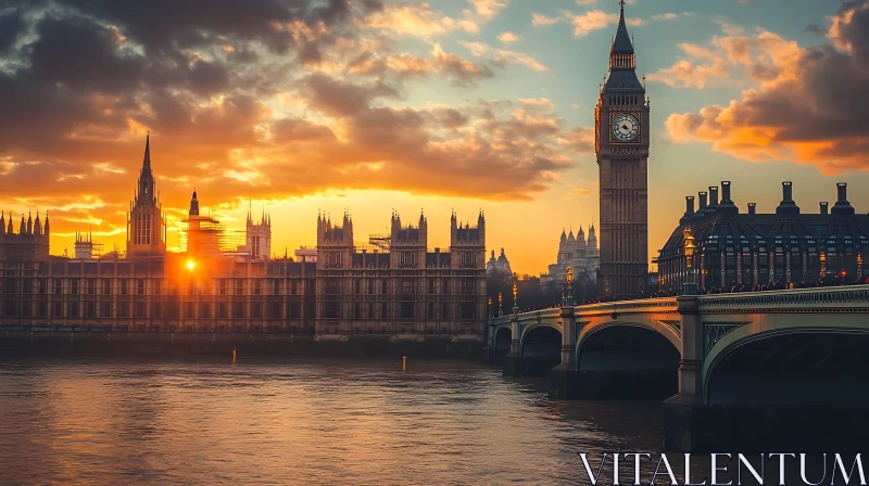 Sunset Illuminating Big Ben and Houses of Parliament in London AI Image