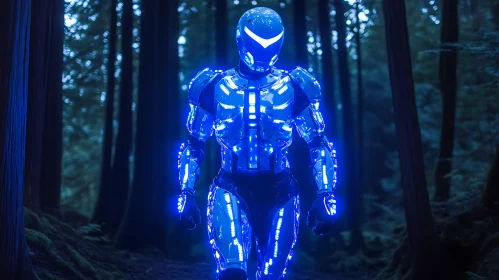 Glowing Blue Robotic Figure in Dark Woods