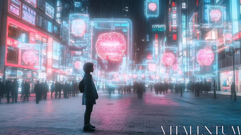 Cyberpunk Street with Neon and Digital Brains AI Image