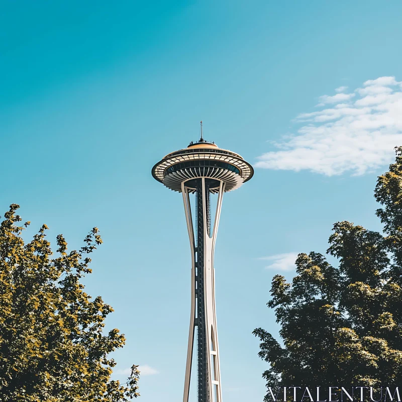 Modern Tower Encircled by Nature and Blue Sky AI Image