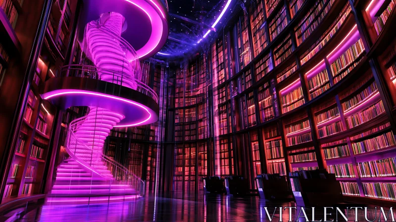 Modern Library Interior with Neon Lights AI Image