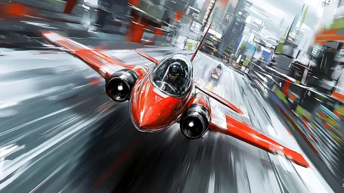 High-Speed Red Jet in Futuristic Urban Setting