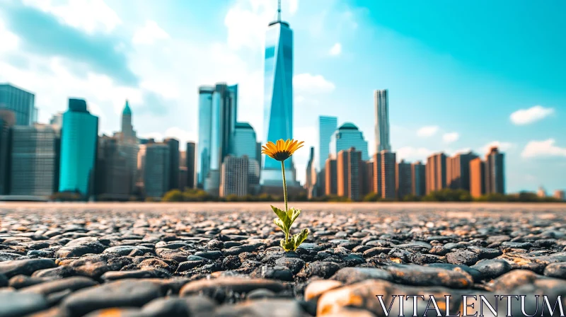 Solitary Flower Growing in Cityscape AI Image