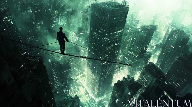 Silhouetted Tightrope Walker Over Illuminated City AI Image