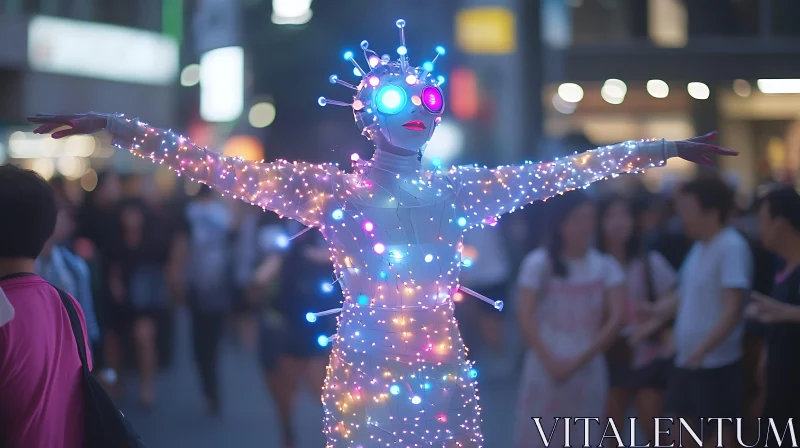 Luminous Cyborg on Urban Street AI Image