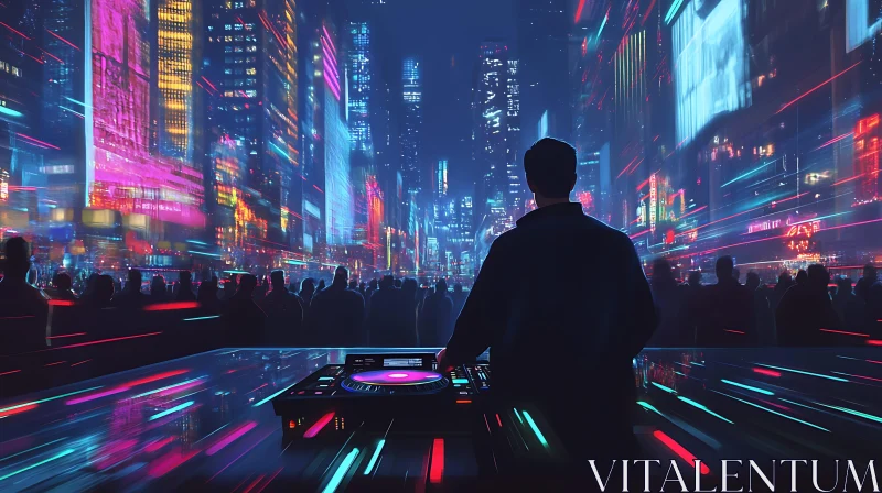 AI ART DJ in a Vivid Neon Lit Futuristic City