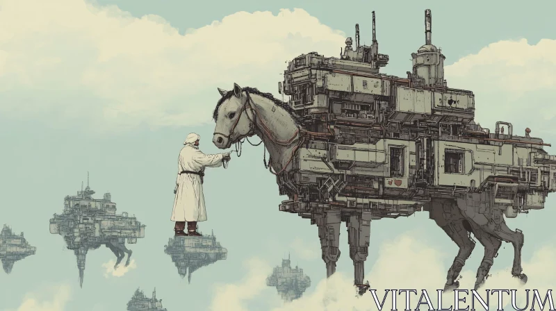 Man and Robotic Horse on Floating Platforms AI Image