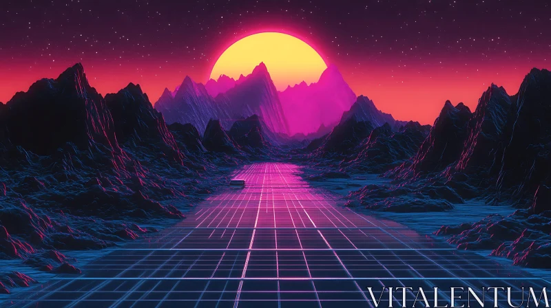 Futuristic Sunset Over Neon Mountains AI Image