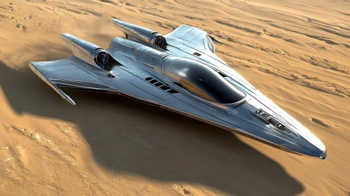 Futuristic Metallic Spaceship on Sandy Terrain